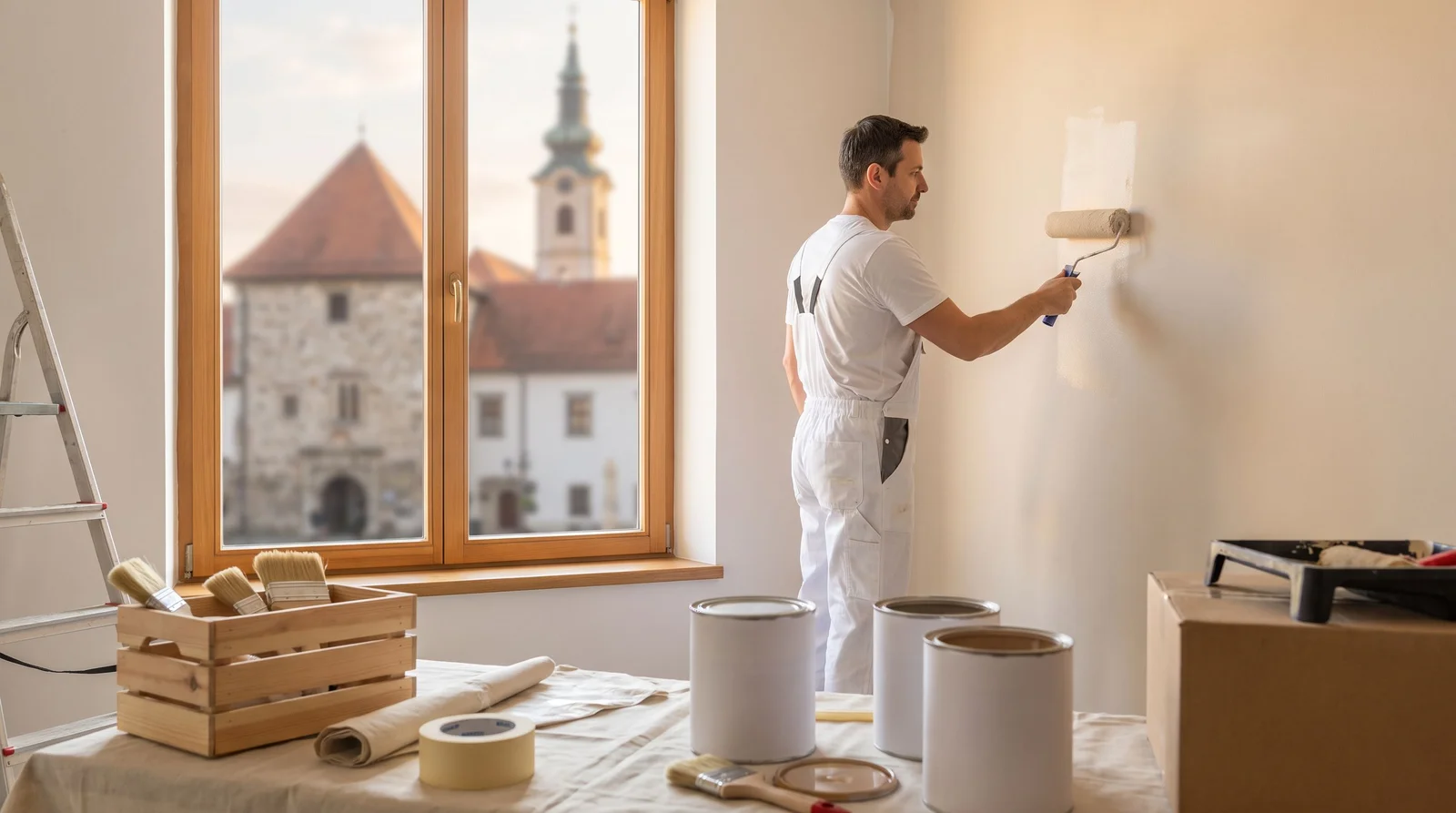 Soboslikar u radnoj odjeći valja boju na zidu stana tijekom renovacije